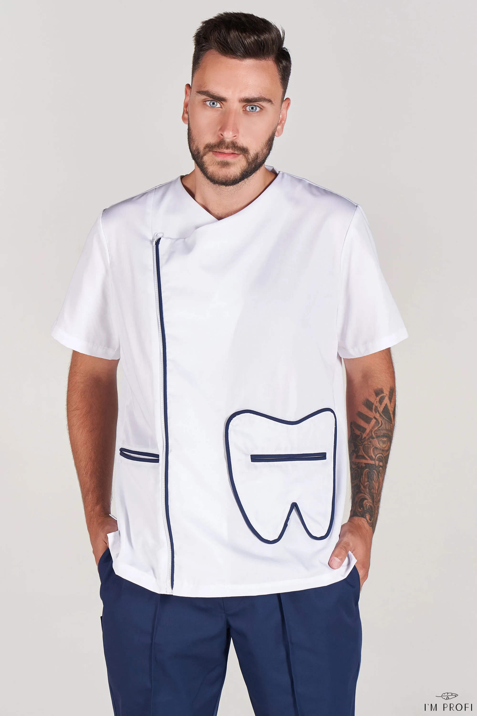 Improfi P137t Mens Scrub Top White Blue 01